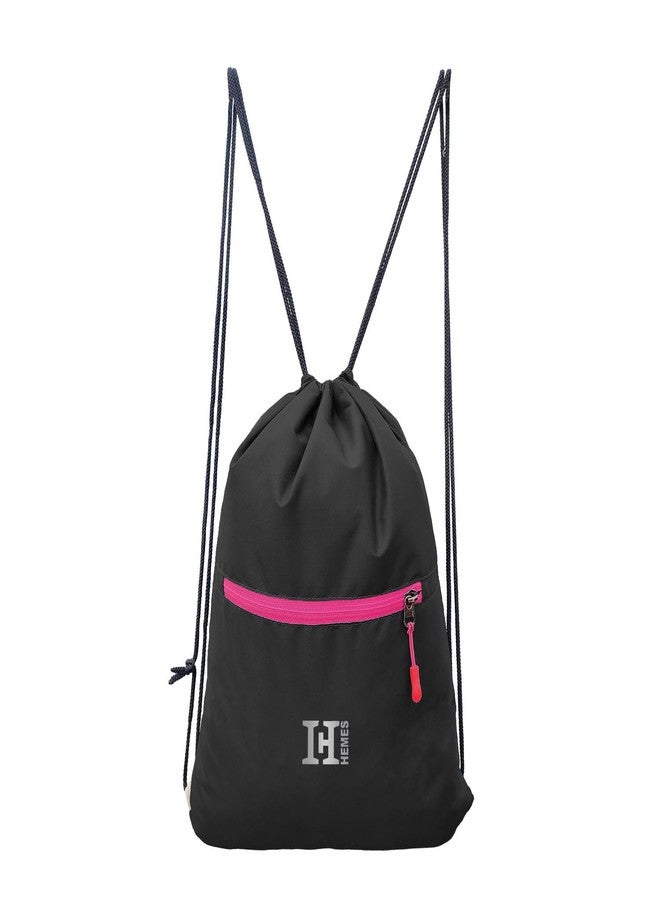 H-HEMES Drawstring Backpack Small Bag Gym Bag for Women & Men With Front Zipper Pocket 12L Dori Bag (Black & Pink) - Image 1